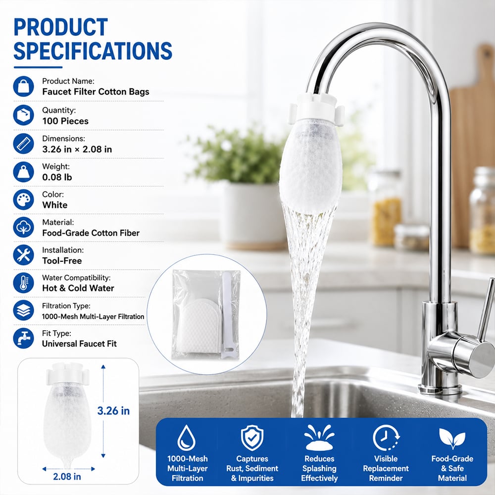 🌟Faucet Filter Cotton Bags —Effectively filters tap water and spring water, removing rust and various impurities.