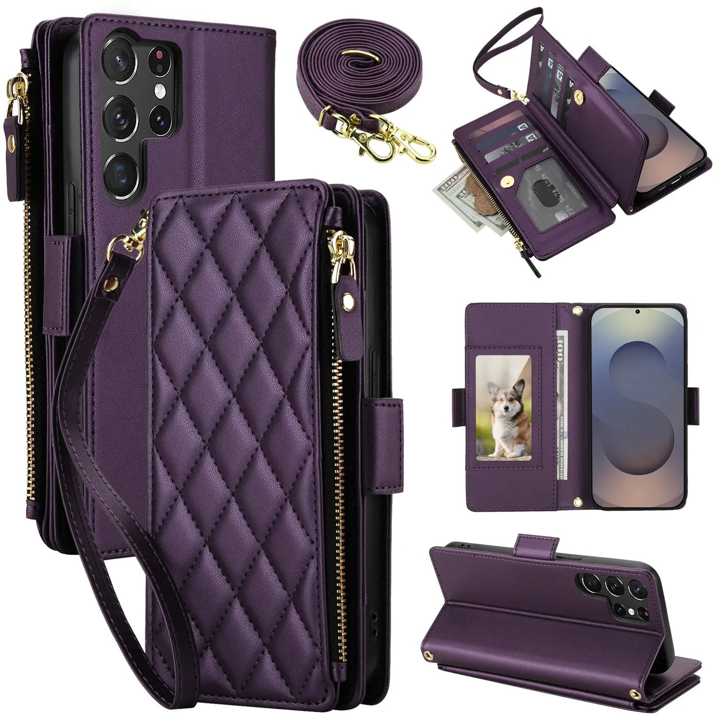 9 Card Slot Wallet Case for Samsung Galaxy S26–S22 Ultra | PU Leather Zipper Wallet Case with Kickstand & Crossbody Strap