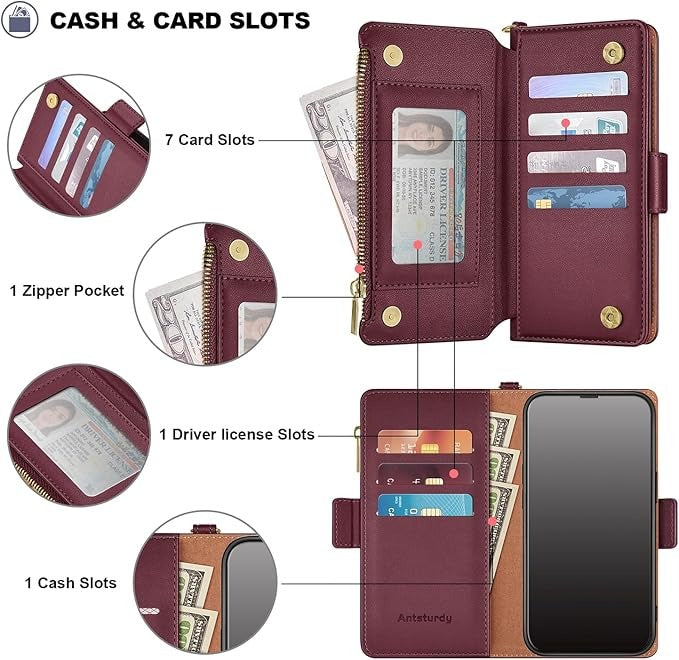 9 Card Slot Wallet Case for Samsung Galaxy S26–S22 Ultra | PU Leather Zipper Wallet Case with Kickstand & Crossbody Strap