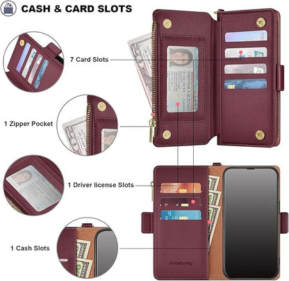 9 Card Slot Wallet Case for Samsung Galaxy S26–S22 Ultra | PU Leather Zipper Wallet Case with Kickstand & Crossbody Strap